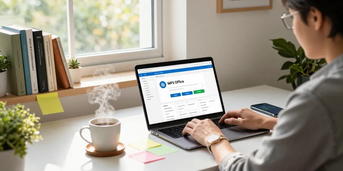 Download WPS Office page on a laptop in a bright home office with plants and productivity notes.