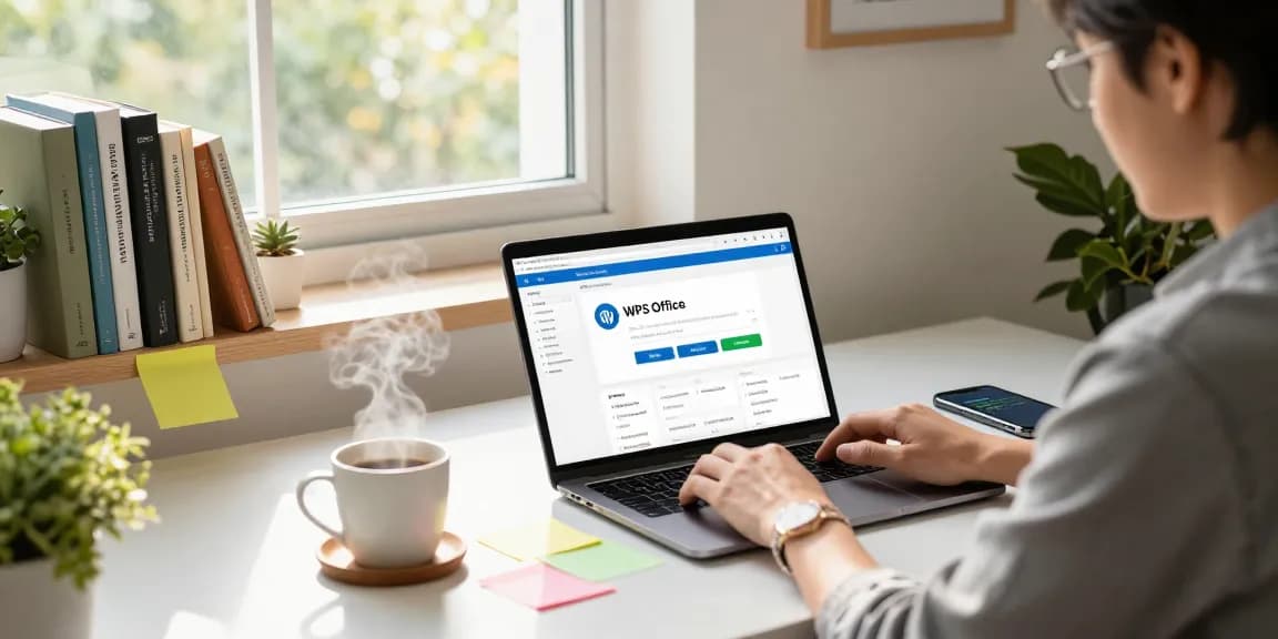 Download WPS Office page on a laptop in a bright home office with plants and productivity notes.