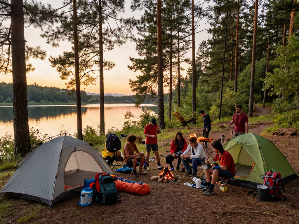 Friends preparing outdoor gear for camping in nature, featuring rokok88 super essentials.