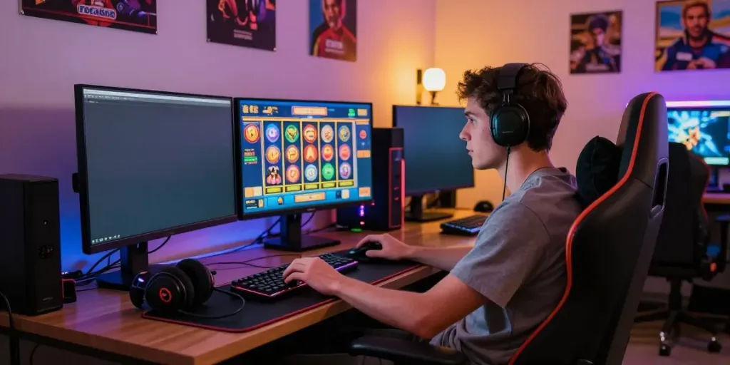 Player engaged with rokok88 slot in a vibrant gaming setup.