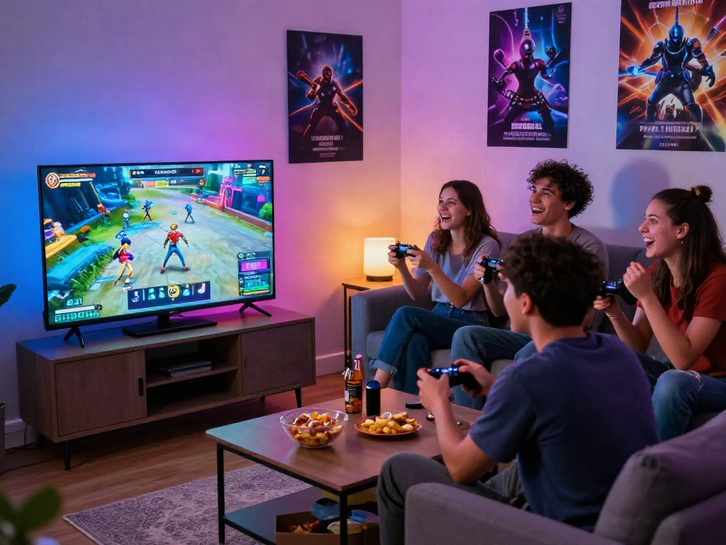 Group enjoying a multiplayer porn game in a cozy living room setting.