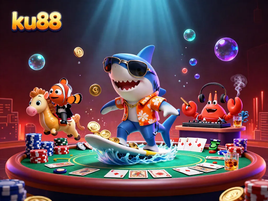 Engage with ku88 for thrilling wins while the shark surfs on gold coins amidst a vibrant underwater casino atmosphere.