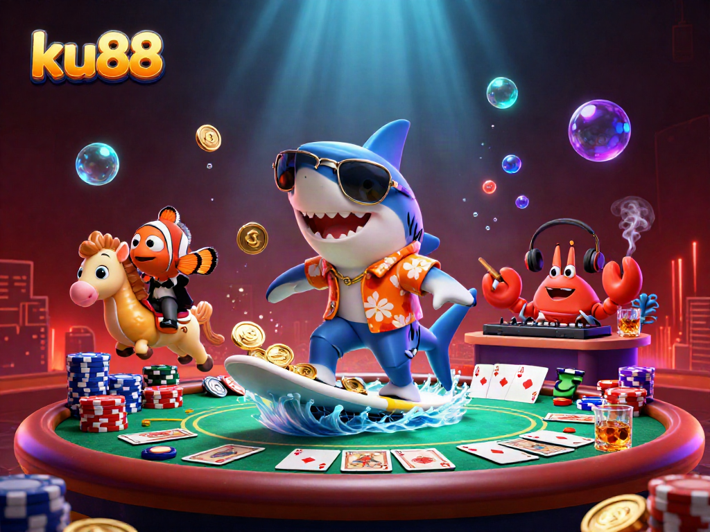 Engage with ku88 for thrilling wins while the shark surfs on gold coins amidst a vibrant underwater casino atmosphere.