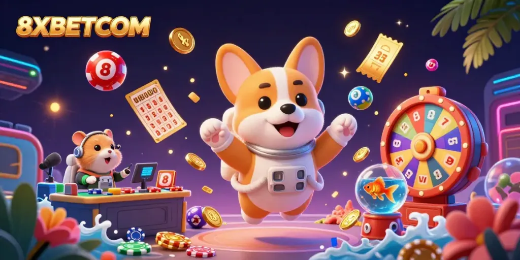 Play exciting games at 8XBETCOM with an astronaut corgi surrounded by casino fun!