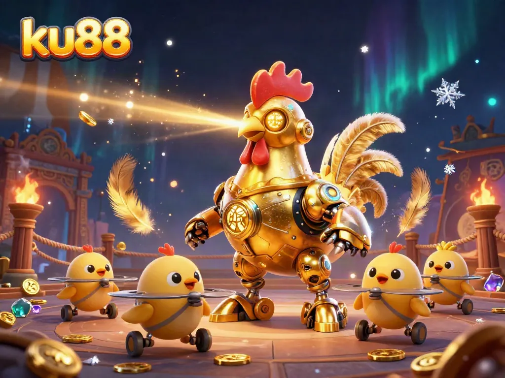 ku88 showcases a dynamic scene with a golden rooster robot and chick drones amidst casino elements.