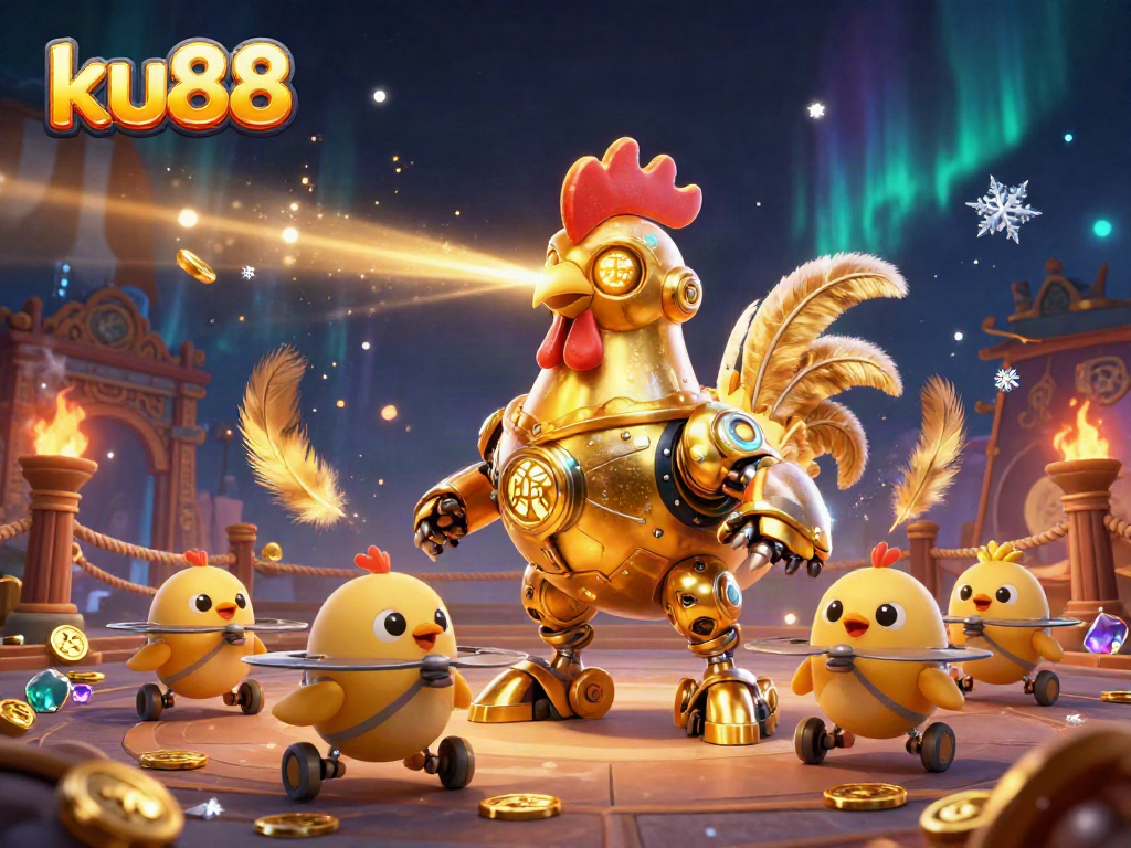 ku88 showcases a dynamic scene with a golden rooster robot and chick drones amidst casino elements.