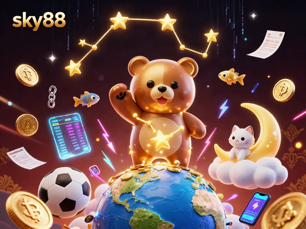 Experience thrilling sports betting action with sky88, featuring dynamic characters and casino elements in a rich 3D illustration.
