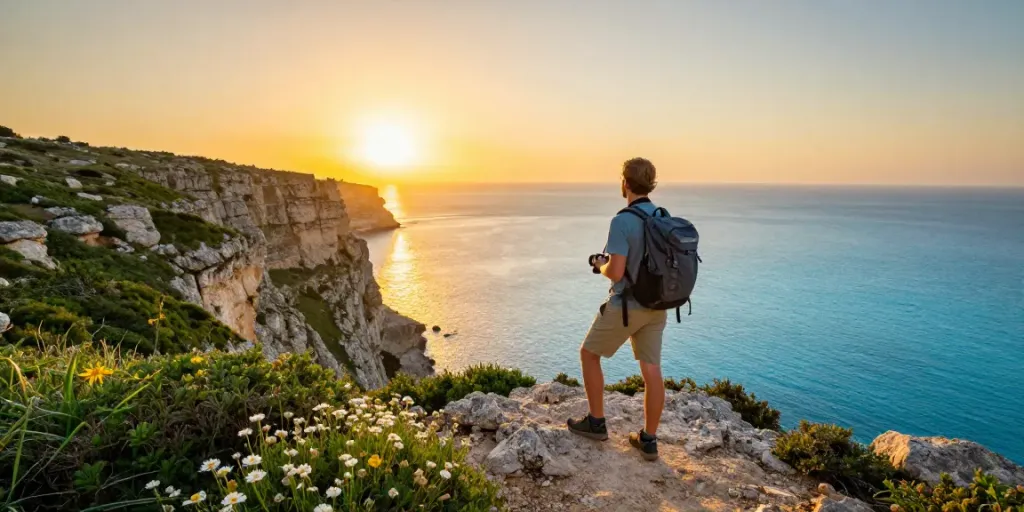 Traveler enjoying a breathtaking Malta Gozo tour at sunrise overlooking the Mediterranean Sea.