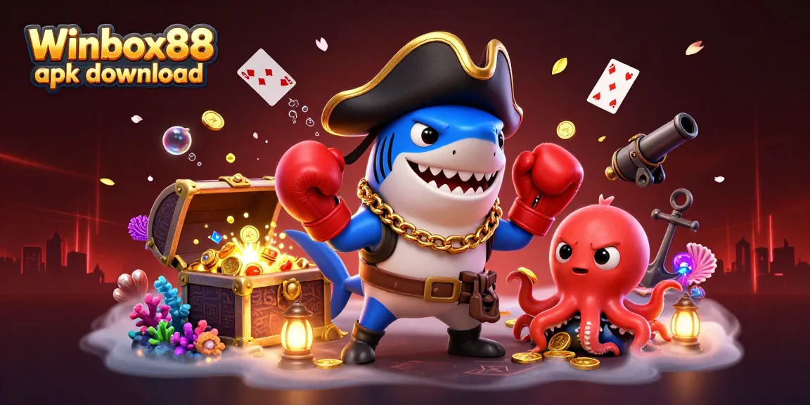Access the Winbox88 apk download with captivating visuals of cartoon characters in a dynamic casino scene.