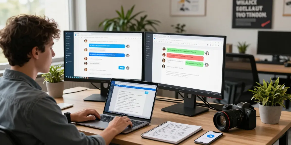 Professional workspace highlighting Telegram Web Version on dual screens, with a modern office vibe.