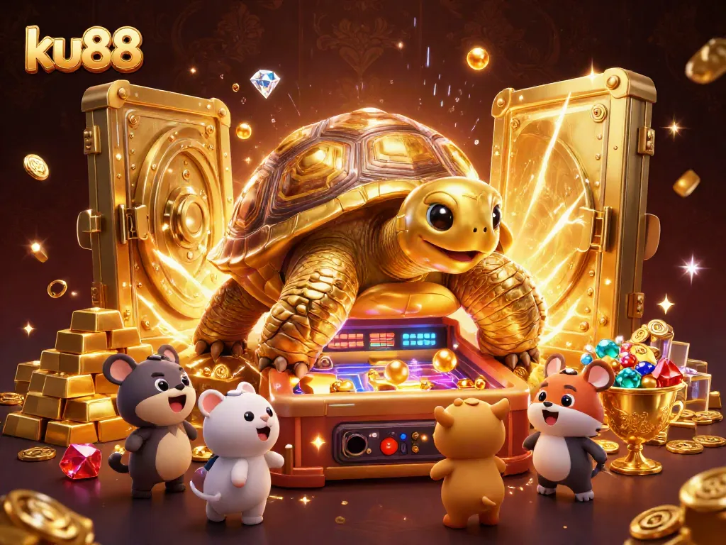 ku88 captives play on a colossal golden tortoise pinball machine with treasure and vibrant gems.