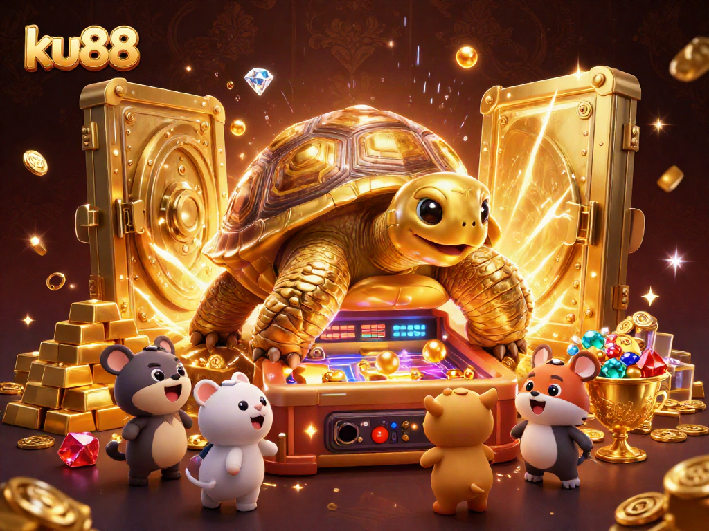 ku88 captives play on a colossal golden tortoise pinball machine with treasure and vibrant gems.