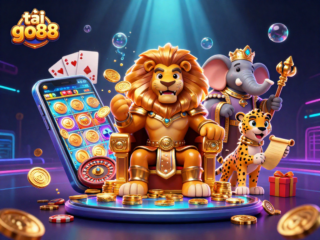 Tải go88 with a vibrant casino scene featuring a royal lion king and dynamic game elements.