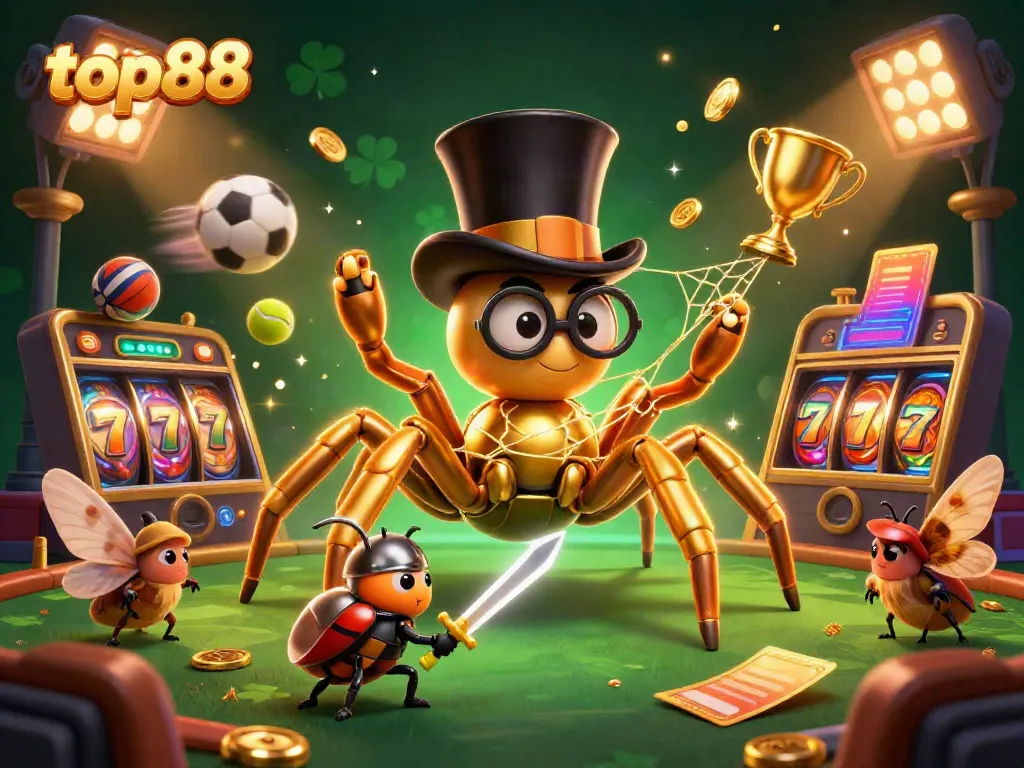 Experience the excitement of top88 with a vibrant casino scene featuring unique characters and gaming elements.