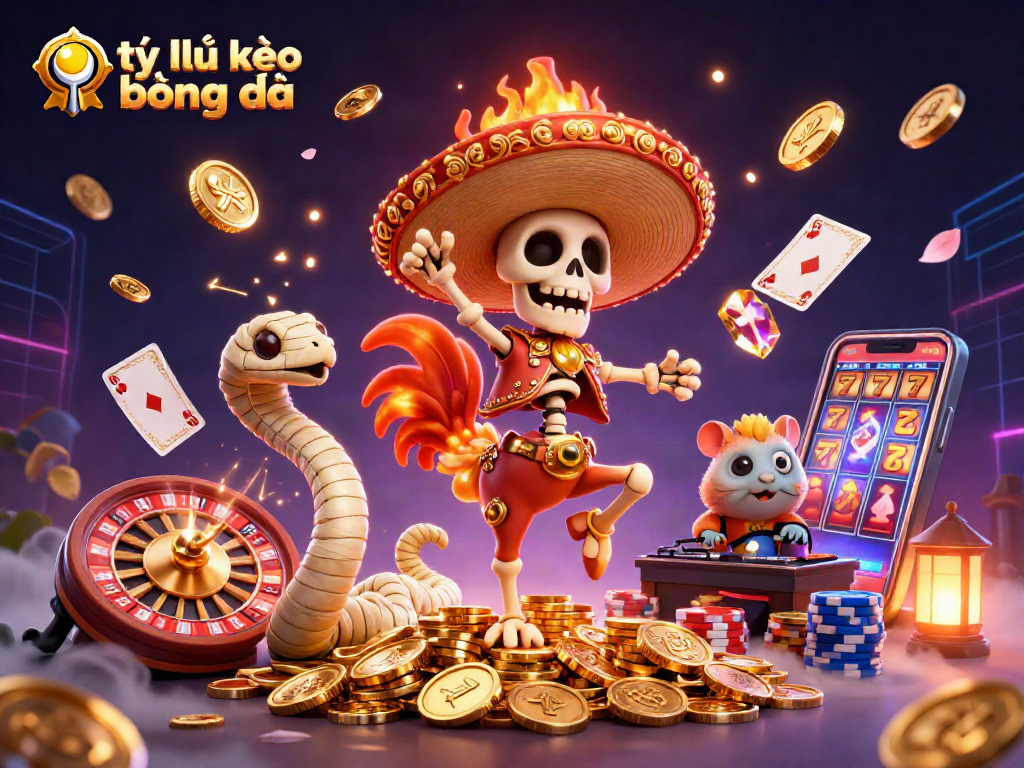 Explore tỷ lệ kèo bóng đá with a lively 3D illustration of casino characters amidst dynamic gaming elements.