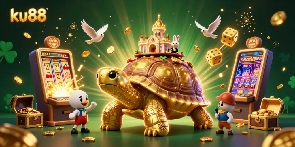 Win big with ku88 in this lively 3D casino scene featuring a golden tortoise and gaming action.