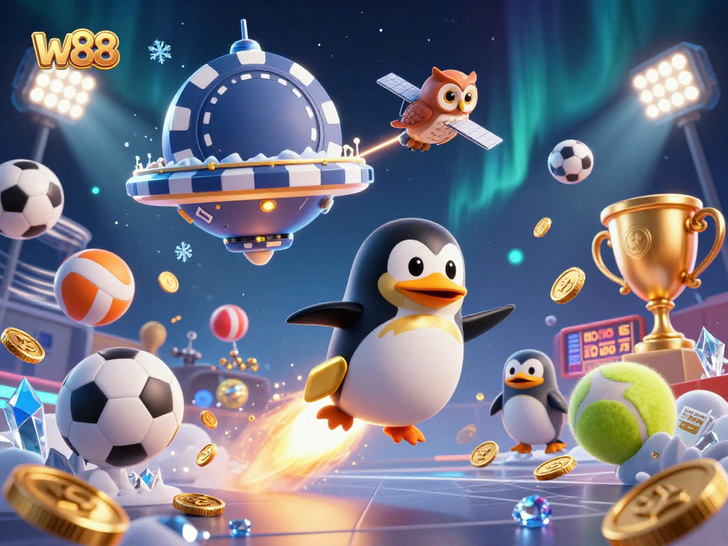 Experience W88 sports excitement as a golden penguin rockets toward a casino in space.