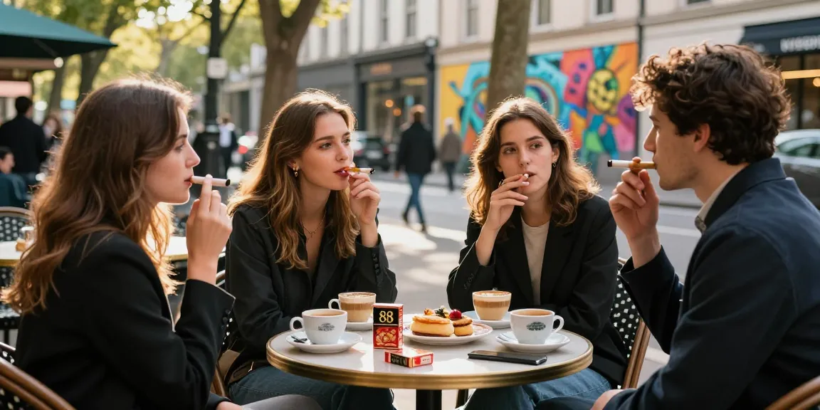 Young adults enjoying rokok 88 cigarettes in a vibrant urban café scene.
