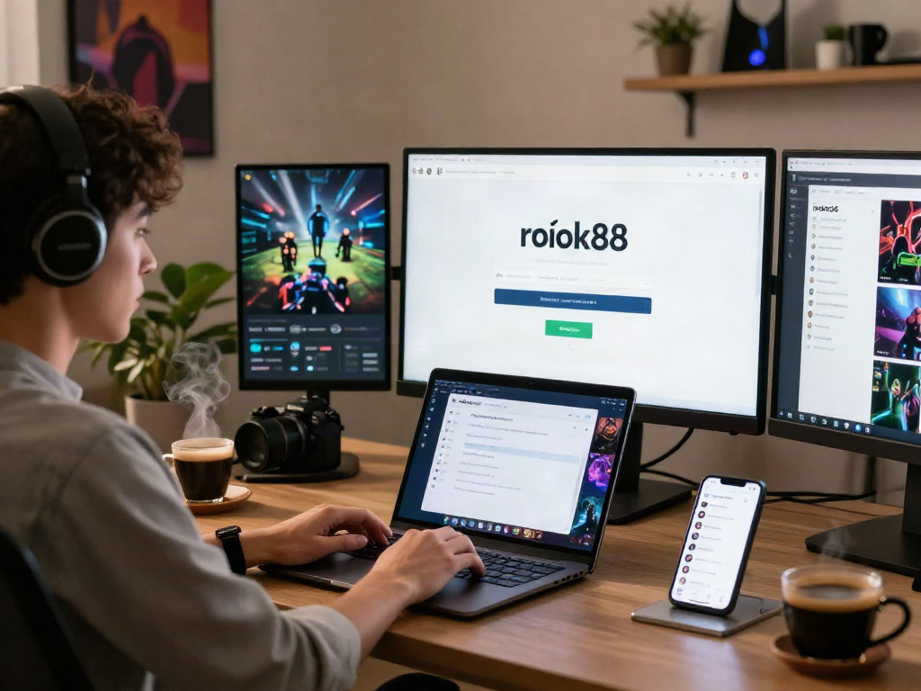 User engaging with rokok88 login screen in modern home office, showcasing digital gaming lifestyle.