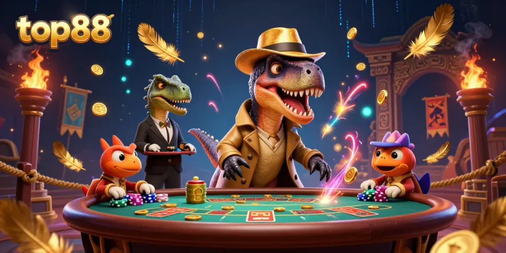 Engage with top88 at a vibrant blackjack table featuring lively cartoon dinosaurs and dynamic casino elements.