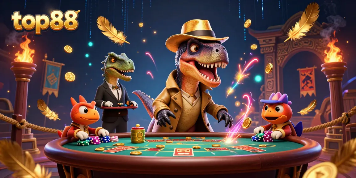 Engage with top88 at a vibrant blackjack table featuring lively cartoon dinosaurs and dynamic casino elements.