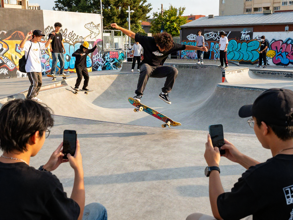 Youth enjoying rokok88 skateboard tricks in vibrant urban park