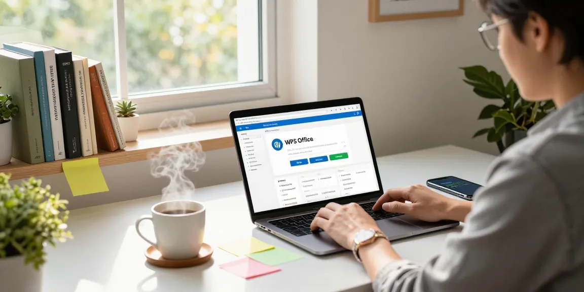 Download WPS Office page on a laptop in a bright home office with plants and productivity notes.