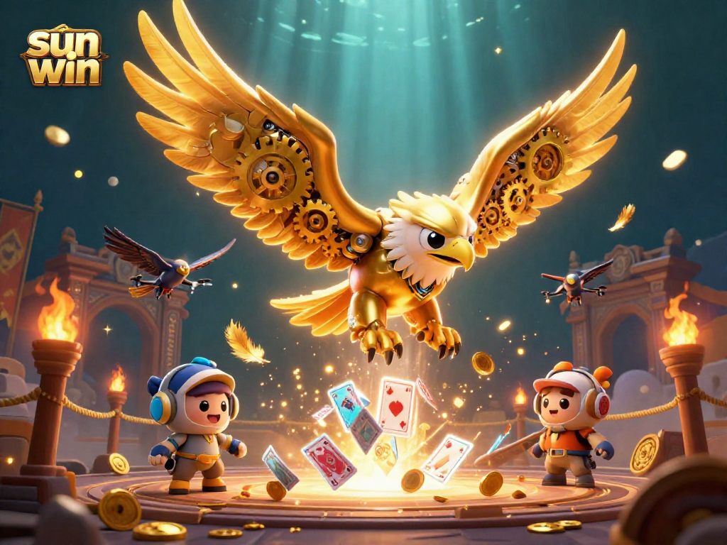 Experience the excitement of sun win with a cybernetic eagle soaring through a vibrant casino scene.