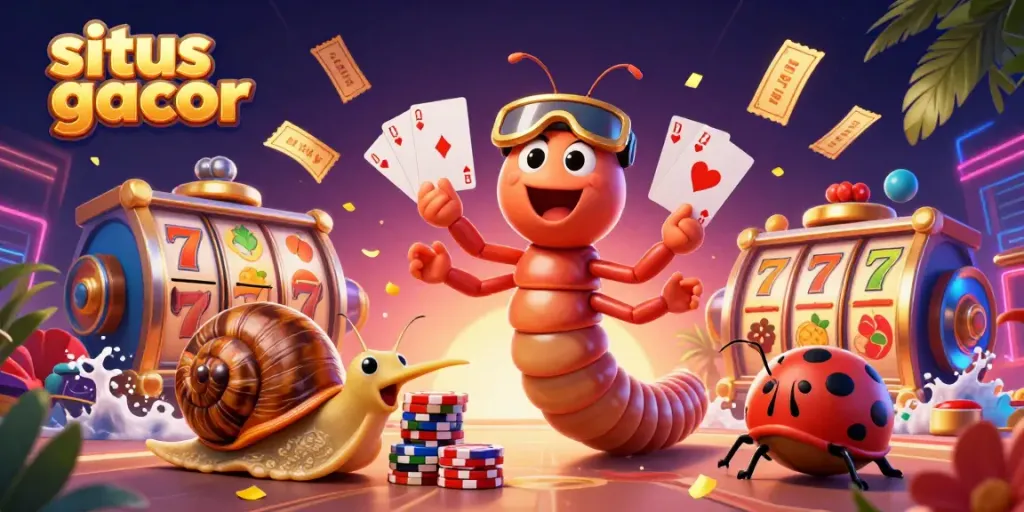 Experience the thrill of gaming with situs gacor, featuring a vibrant scene of a millipede dealer, snail high-roller, and pill bug in a packed casino atmosphere.