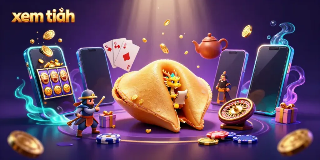 Engage with dynamic casino action at "xem thêm" featuring a golden fortune cookie and gaming elements.