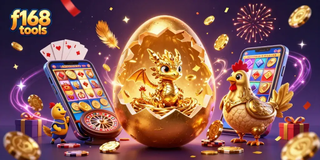 Spin to win with f168 tools: illustration of a golden dragon, poker chips, and casino elements.