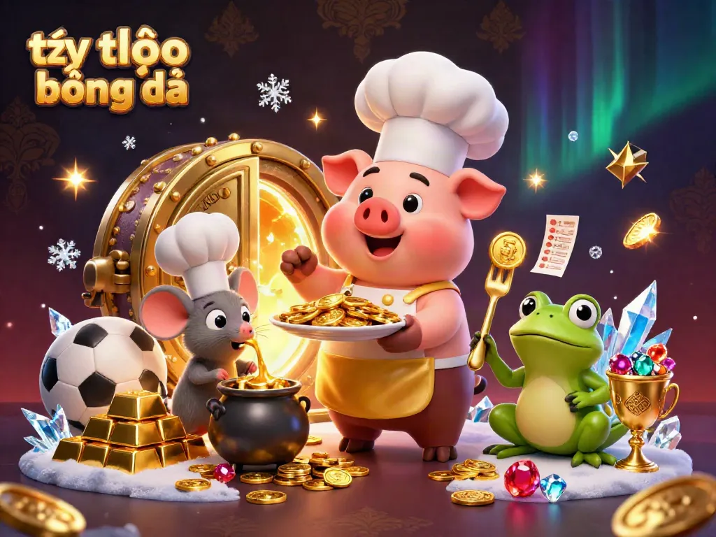 Experience tỷ lệ kèo bóng đá thrills with a dynamic scene of a pig chef serving gold coins in a sports betting theme.