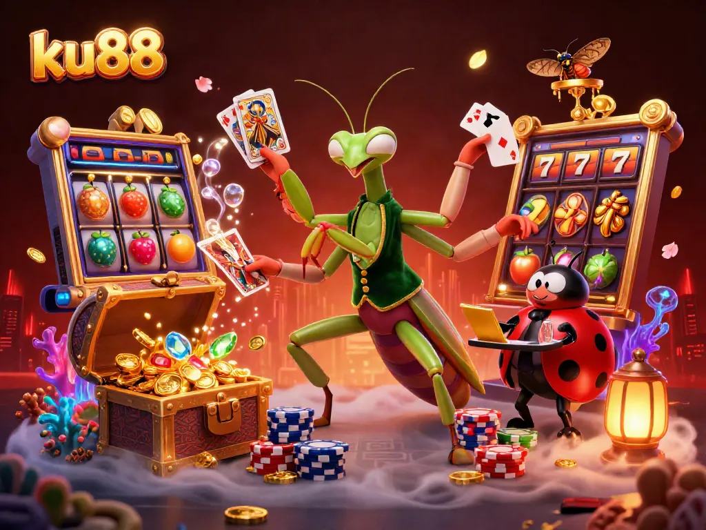ku88 players celebrate wins with colorful slots, a praying mantis dealer, and vibrant casino elements.