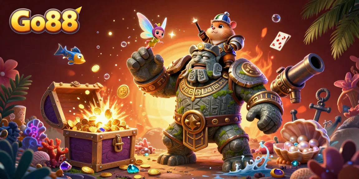 Experience thrilling gameplay at Go88 with a vibrant 3D illustration showcasing exciting gaming adventures.