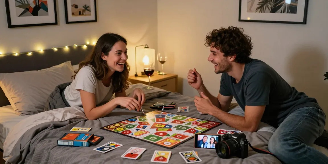 Couple engaging in sex games, surrounded by playful board games and intimate decor in a cozy setting.